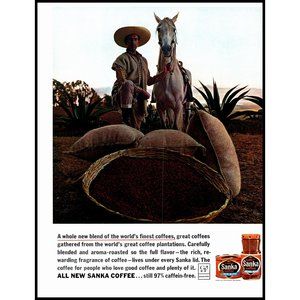 1963 Sanka Decaf Coffee Plantation Vintage Print Ad Donkey Beans Agave Wall Art